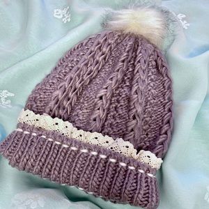 **SOLD** Dusty Lavender and Lace Pom Pom Beanie